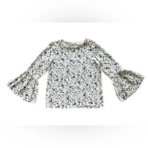 LOFT Ann Taylor White Blue Floral Long Bell Sleeve Keyhole Blouse Women’s Small
